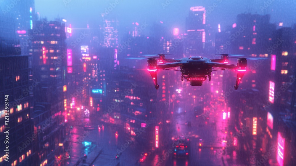 Cyberpunk Cityscape: Drone Flight Over Neon-Drenched Metropolis Cyberpunk Cityscape: Drone Flight Over Neon-Drenched Metropolis