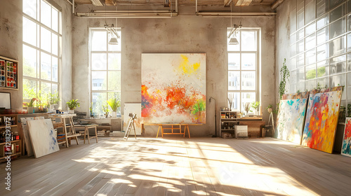 Spacious Artist Studio with Large Windows and Colorful Abstract Paintings 3d Illustration