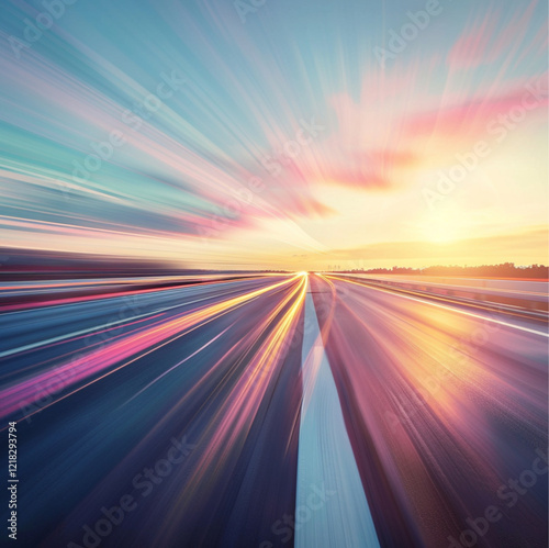the road fast lane moving motion,light sky with sun light in right side,pink tone