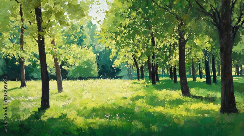 Serene Summer Grove Sun-Dappled Meadow and Lush Green Trees Serene Summer Grove Sun-Dappled Meadow and Lush Green Trees
