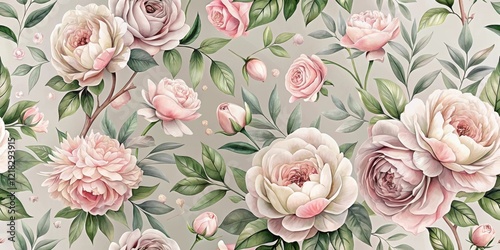 Elegant Pastel Roses and Peonies Floral Pattern Design for Textile and Home Decor
