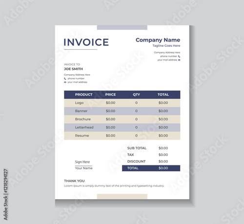Creative invoice or cash memo template design