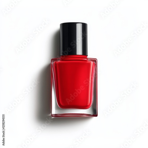 Glossy red nail polish in a clear glass bottle with a black cap on a white background. photo