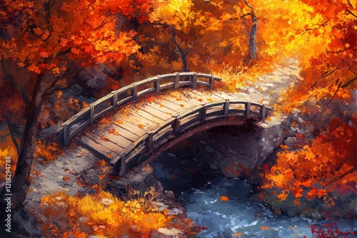Scenic autumn landscape featuring a wooden bridge over a flowing stream surrounded by vibrant foliage