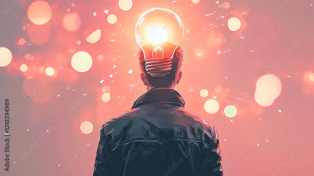 Fototapeta premium A man with a lit light bulb above his head symbolizing inspiration, designed in a vintage book-inspired art style