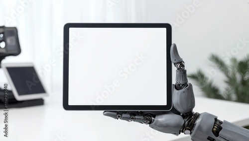 A robotic hand crafted in matte gray effortlessly holds a blank square tablet against a bright, clean setting.