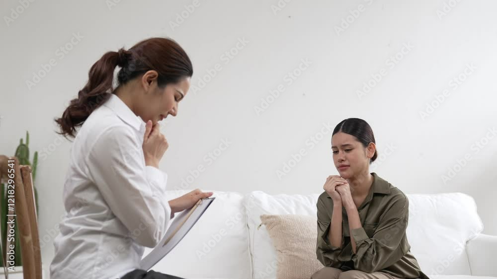 Sad PTSD woman patient in therapy for mental health with psychologist, depression or grief after life failure. Frustrated trauma young woman talking to vivancy psychologist about emotion in clinic Sad PTSD woman patient in therapy for mental health with psychologist, depression or grief after life failure. Frustrated trauma young woman talking to vivancy psychologist about emotion in clinic