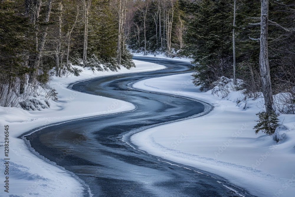 Serene winding road through a snowy forest landscape, showcasing tranquil winter scenery Serene winding road through a snowy forest landscape, showcasing tranquil winter scenery
