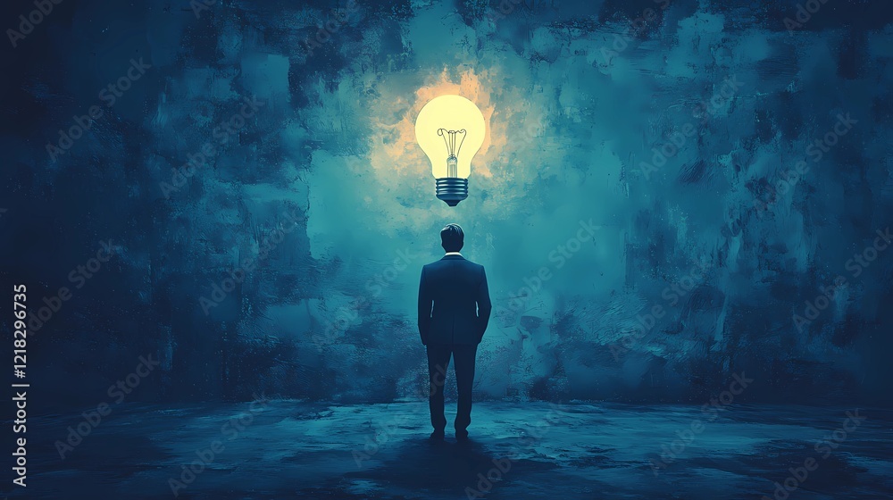 Fototapeta premium Creative thinker holding a glowing bulb as a metaphor for bright ideas, illustrated in a whimsical comic art style