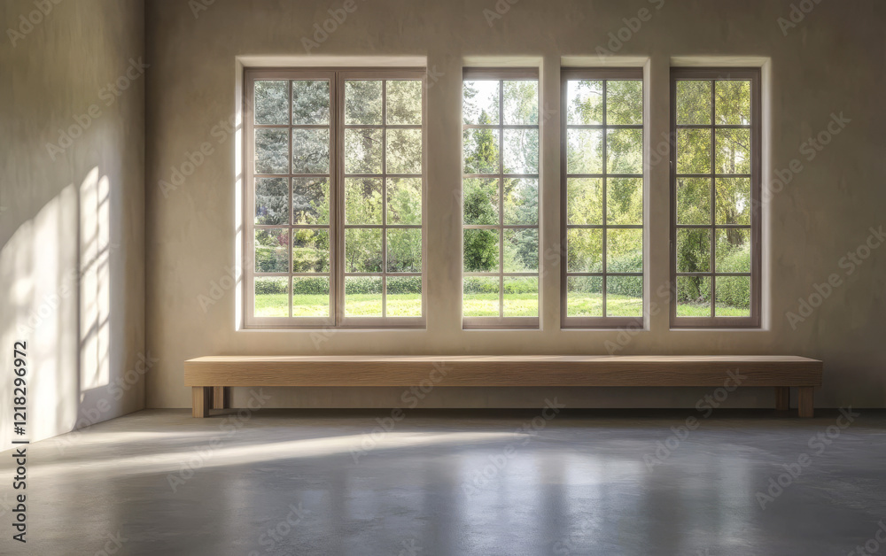 Fototapeta premium Spacious interior with large windows offering a view of green landscape and natural light