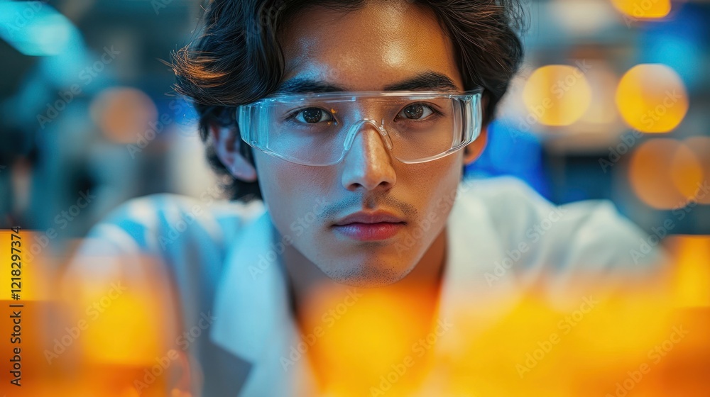 Focused scientist in lab coat examining samples. Focused scientist in lab coat examining samples.