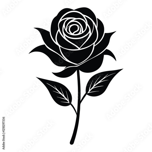 Black and White Rose Vector Illustration, Rose flower silhouette vector, Beautiful rose, Silhouette rose on a white background