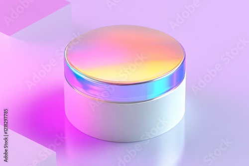 Colorful Cosmetic Jar with Reflective Lid on Light Background