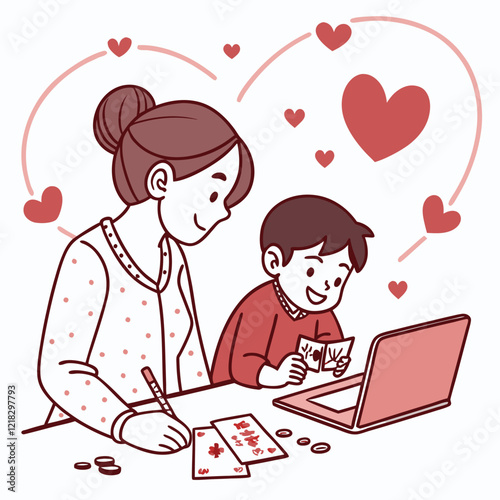 Valentine day girl and boy working