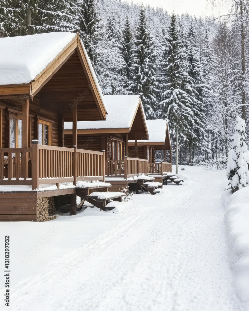 Cozy wooden cabins in a snowy forest setting during winter months Cozy wooden cabins in a snowy forest setting during winter months