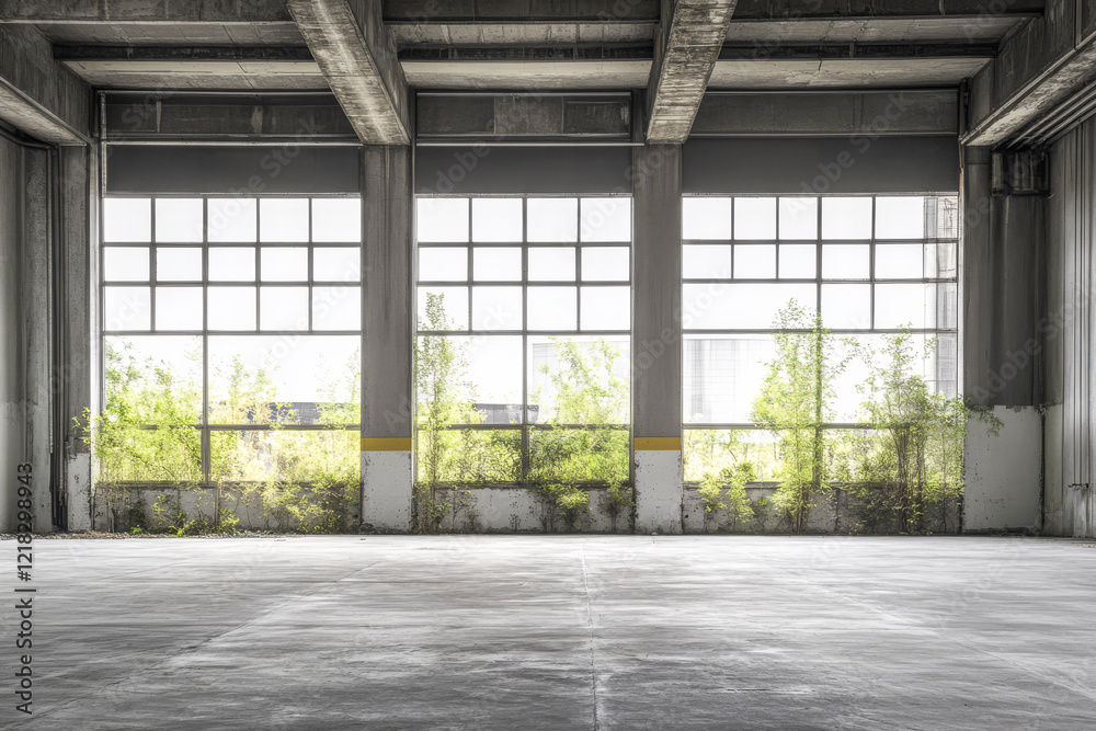 Industrial space with large windows and overgrown plants showcasing nature's resilience Industrial space with large windows and overgrown plants showcasing nature's resilience