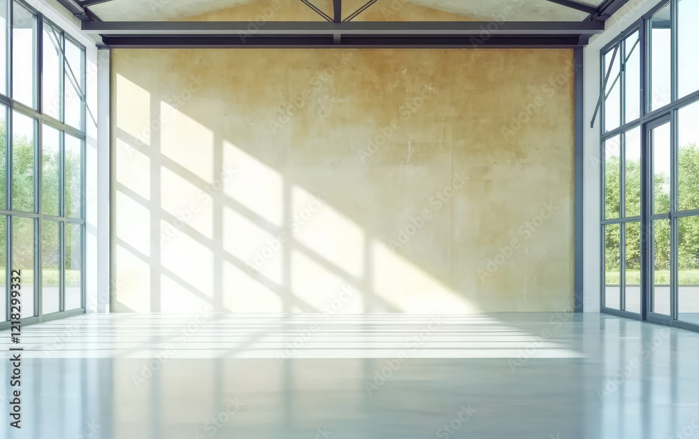 Fototapeta premium Bright modern interior with large windows and natural light streaming in