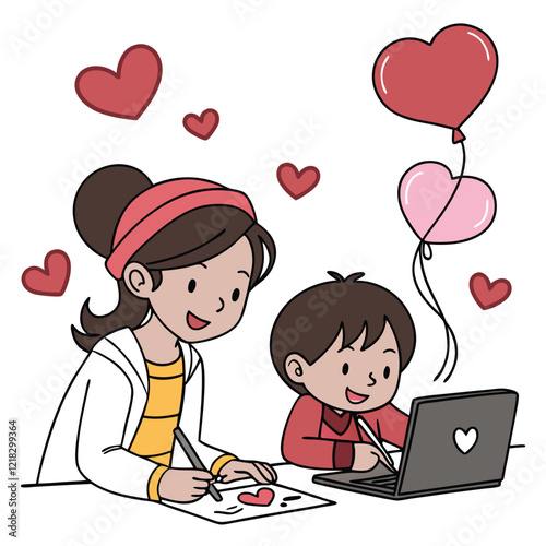 Valentine day girl and boy working