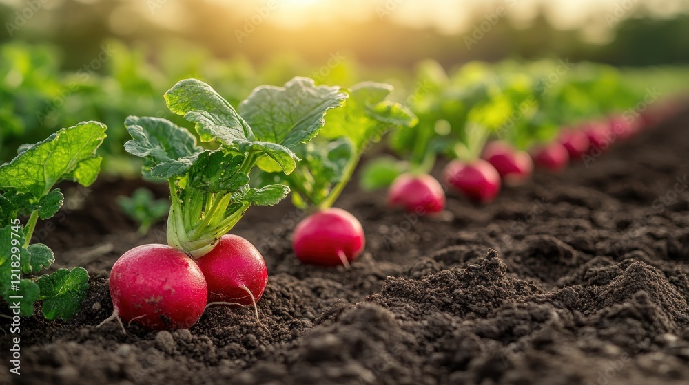 Radishes growing in a fertile field at sunset. Radishes growing in a fertile field at sunset.