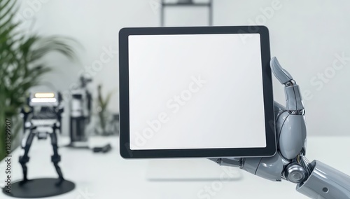 A precise robotic hand holds a polished tablet in square format, contrasting beautifully against a bright workspace.