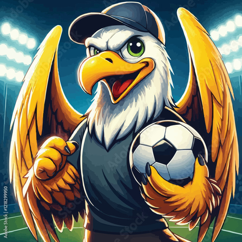 A creative depiction of a patriotic eagle wearing a cap and holding a soccer ball with the American flag in the background, represents sportsmanship, patriotism, and team enthusiasm.