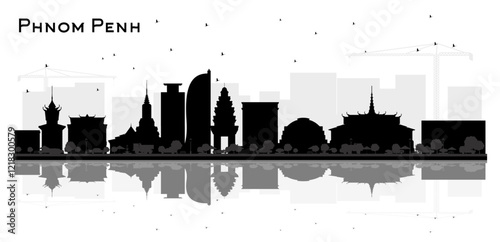 Phnom Penh Cambodia City Skyline Silhouette with Black Buildings and reflections Isolated on White. Concept with Historic Architecture. Phnom Penh Cityscape with Landmarks.
