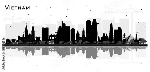Vietnam City Skyline Silhouette with Black Buildings and reflections Isolated on White. Concept with Historic Architecture. Vietnam Cityscape with Landmarks. Hanoi. Ho Chi Minh. Haiphong. Da Nang.