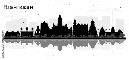 Rishikesh India City Skyline Silhouette with Black Buildings and reflections Isolated on White. Tourism Concept with Historic Architecture. Rishikesh Cityscape with Landmarks.