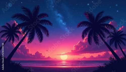 Twilight sky, coconut palms silhouetted against stars , peace, dark, nature