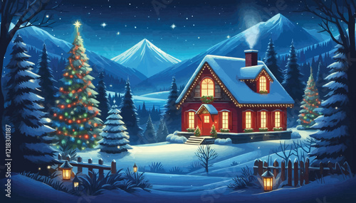 A picturesque winter scene of a cozy cabin surrounded by snow and mountains, showcasing the serenity and beauty of nature during the holiday season in a magical, tranquil setting.


