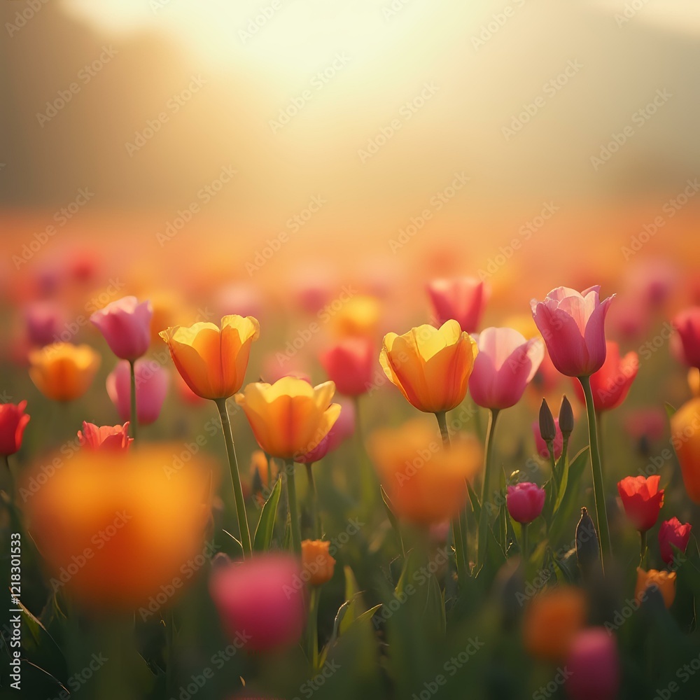Fototapeta premium A field of tulips in various shades of orange and pink, with sunlight creating a warm, soft glow in the background.