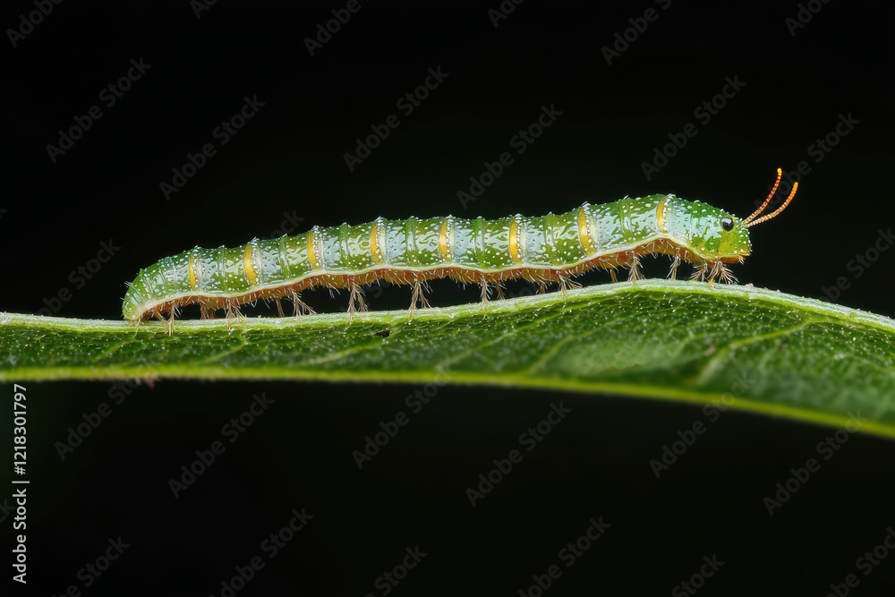 Fototapeta premium Green Caterpillar Crawling on a Leaf Insect Macro Photography Nature.