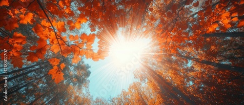 Sunlight filtering through vibrant autumn leaves in a serene forest, creating a warm atmosphere photo