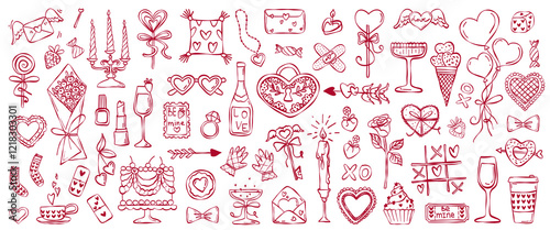 Set of vector images in sketch style for Valentine's Day. Set of monochrome ink cute bouquet,  sunglasses, rose, balloons, amour arrow, candles, cake, vine isolated on white background. Hand drawn lin