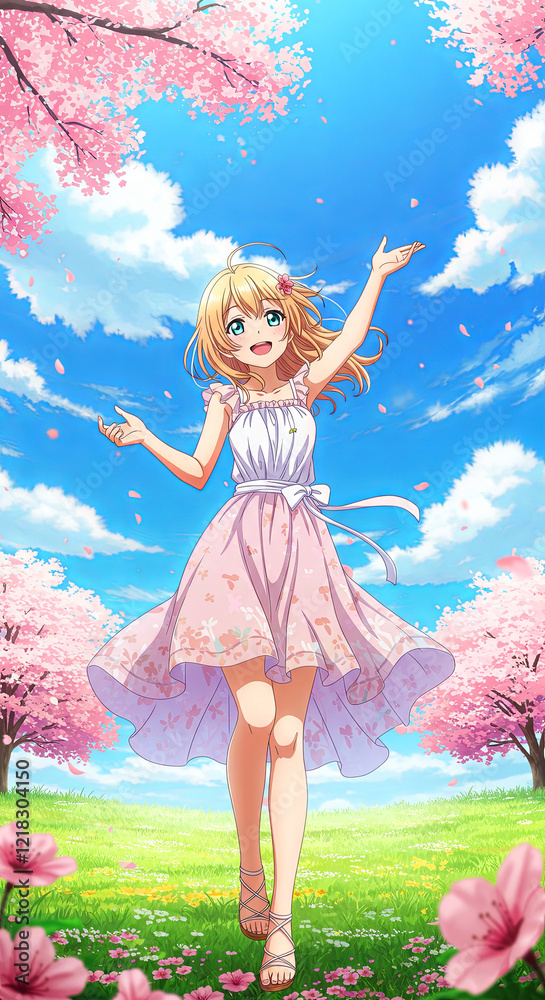 Fototapeta premium Cheerful girl with long hair with cherry blossoms and summer dress. Anime cartoon illustration