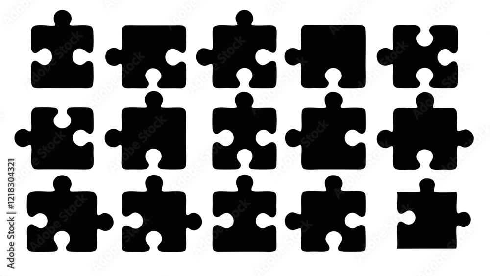 Collection of black jigsaw puzzle pieces