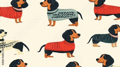 Dachshunds in sweaters, winter pattern, cream background, fabric design