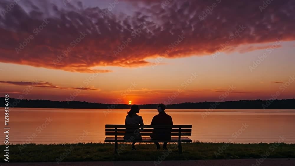A couple's silhouette sitting on a bench by a lake at sunset, surrounded by vibrant pink, orange, and red hues, creating a tranquil and romantic atmosphere A couple's silhouette sitting on a bench by a lake at sunset, surrounded by vibrant pink, orange, and red hues, creating a tranquil and romantic atmosphere