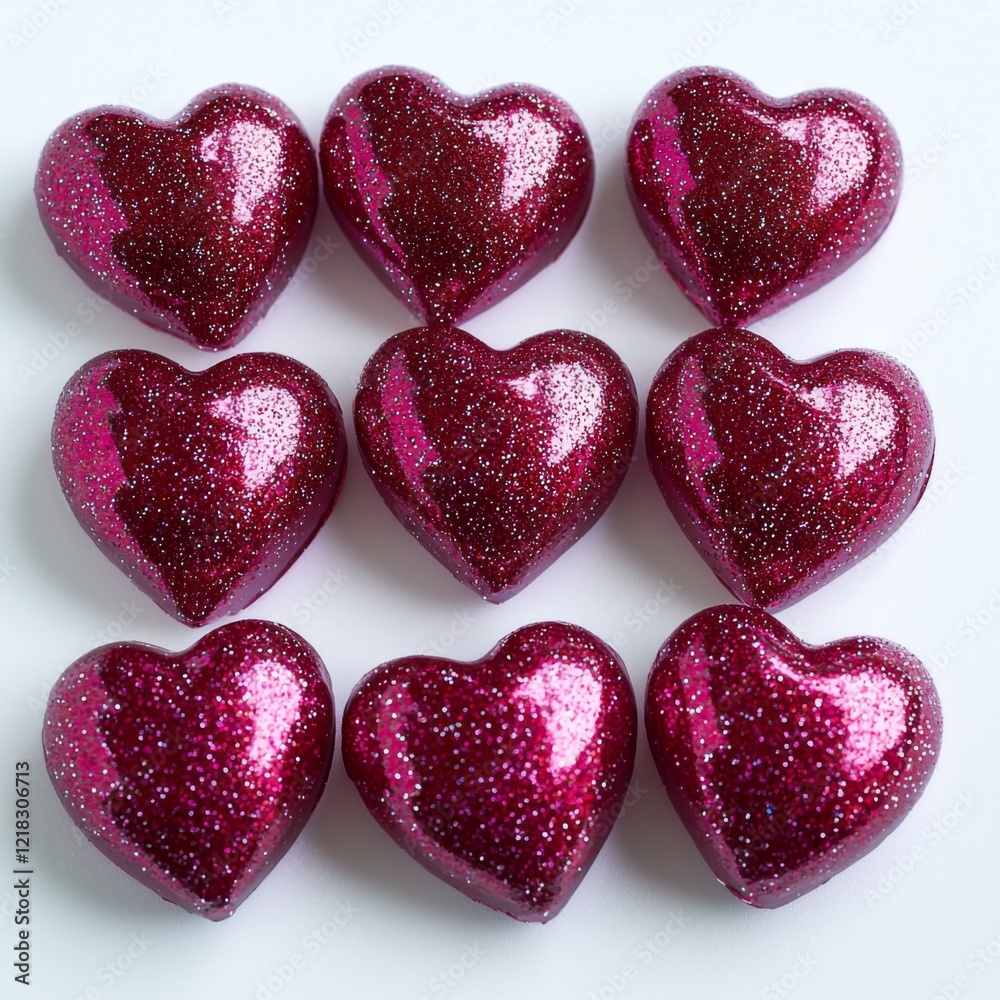 Fototapeta premium Sparkling Red Hearts Arrangement on White Background for Romantic and Celebration Themes