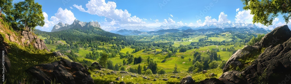 Fototapeta premium Lush Green Valley Landscape with Majestic Mountains and Blue Sky