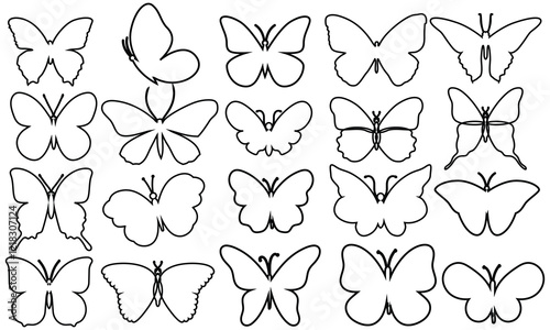 Set of black outlines of butterflies on a white background.