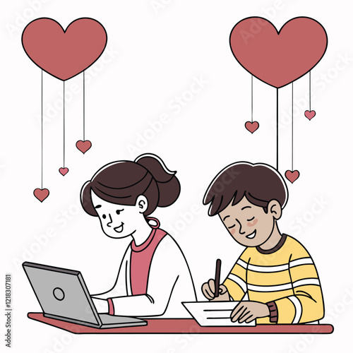 Valentine day girl and boy working