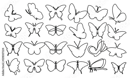 Vector set of butterflies line art. Butterflies for stencils, CNC printing, children s play or coloring. Black line of different hollow. Isolated clip arts insects collection.