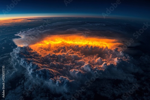 Stunning aerial view of a vibrant thunderstorm with glowing clouds illuminated by lightning at dusk