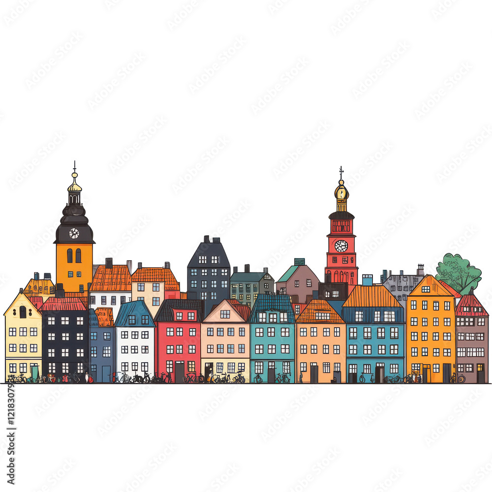Fototapeta premium Colorful European Cityscape Charming Buildings Bicycles