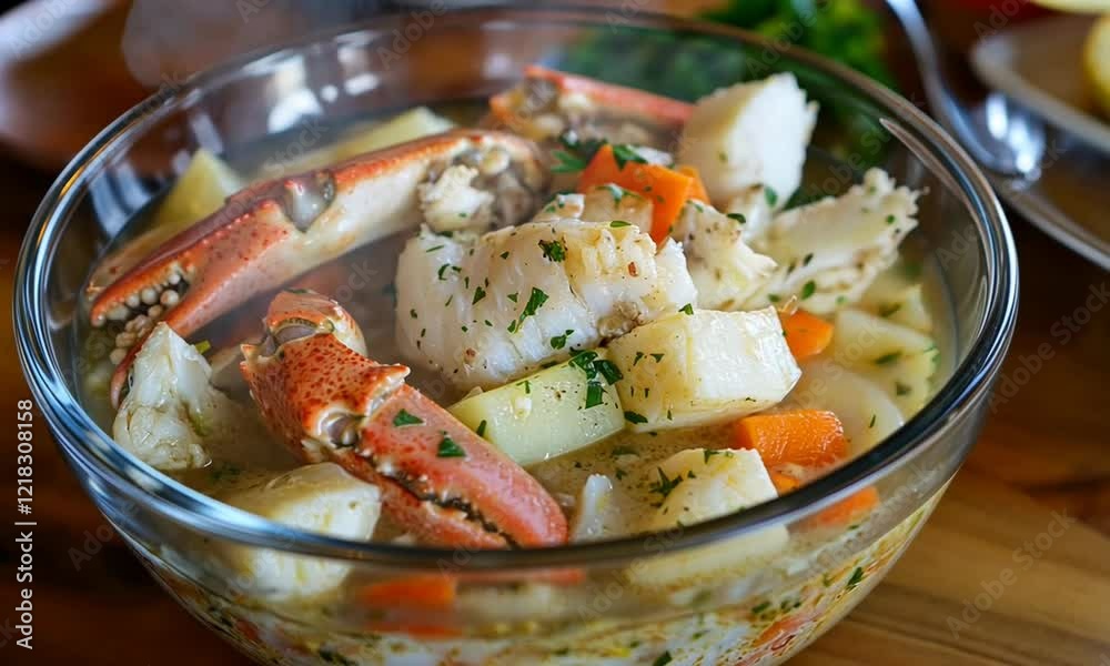 Fresh seafood stew with crab and vegetables served in a glass bowl on a wooden table Fresh seafood stew with crab and vegetables served in a glass bowl on a wooden table