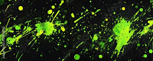 Bright Green Paint Dots and Splashes on a Dark Background