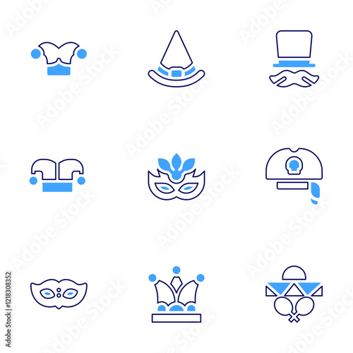 Costume party icon set. Bold line style. Duotone colors. Editable stroke. hat, witch hat, birthday and party, eye mask, pirate hat, mask, minstrel, mexican