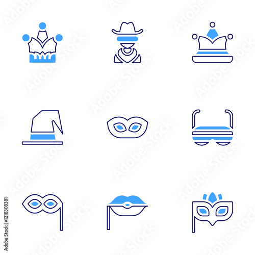 Costume party icon set. Bold line style. Duotone colors. Editable stroke. joker hat, witch hat, mask, cowboy, fun glasses, lips, eye mask