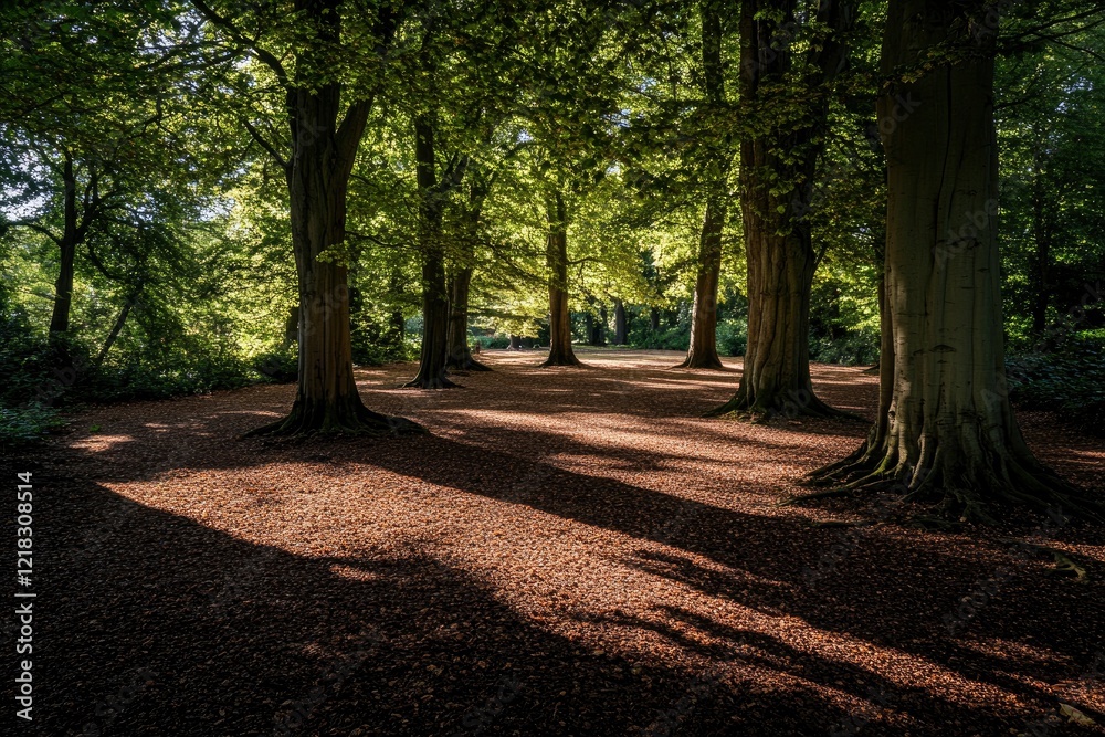 Serene forest scene with tall trees casting shadows on a carpet of leaves in a tranquil setting Serene forest scene with tall trees casting shadows on a carpet of leaves in a tranquil setting